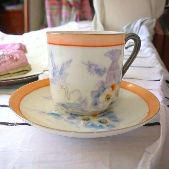 Lustreware Demitasse Espresso Cup Saucer Hotta Yu Shoten Moriage Swans Floral. - Picture 15 of 16